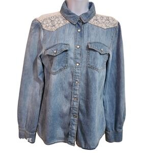 Vtg Mudd Womens Denim Chambray Shirt With Lace Yoke Western Festival Blue Medium